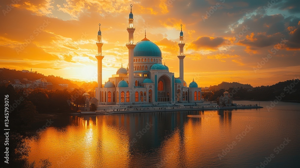Obraz premium Sunset Mosque Reflection, Lakeside Serenity, Malaysia