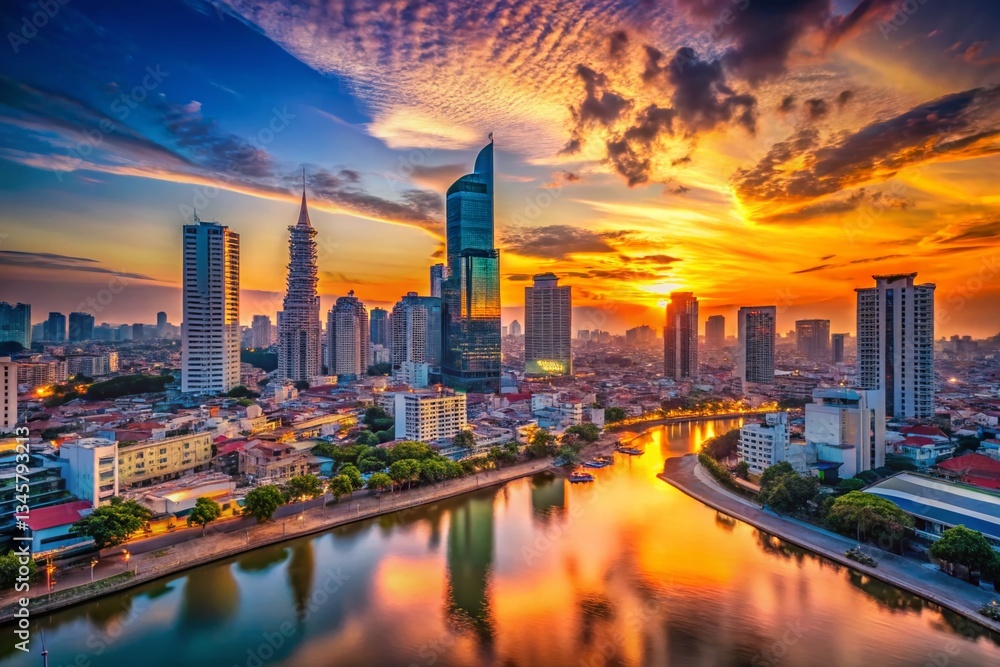 Fototapeta premium Vietnam Skyline: Stunning Panoramic View of Modern & Ancient Architecture at Dusk