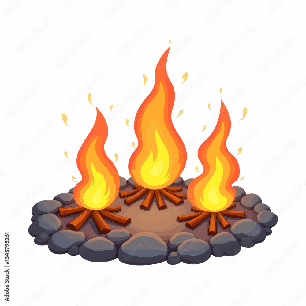 Three campfires surrounded by rocks cartoon illustration