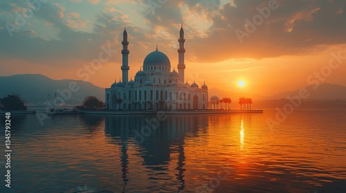 Sunrise over lake mosque, majestic reflection, mountains