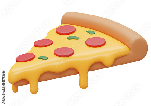 3D Cartoon pizza slice with cheese, pepperoni, and basil leaves for fun food visuals