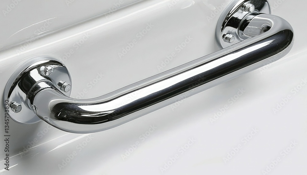 A shiny chrome grab bar mounted on a wall, designed for safety and support in bathrooms or showers.