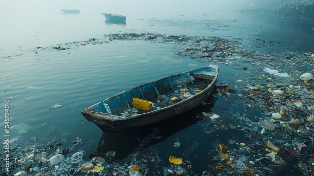 Obraz premium World Water Day water pollution concept abandoned boat dirty river 