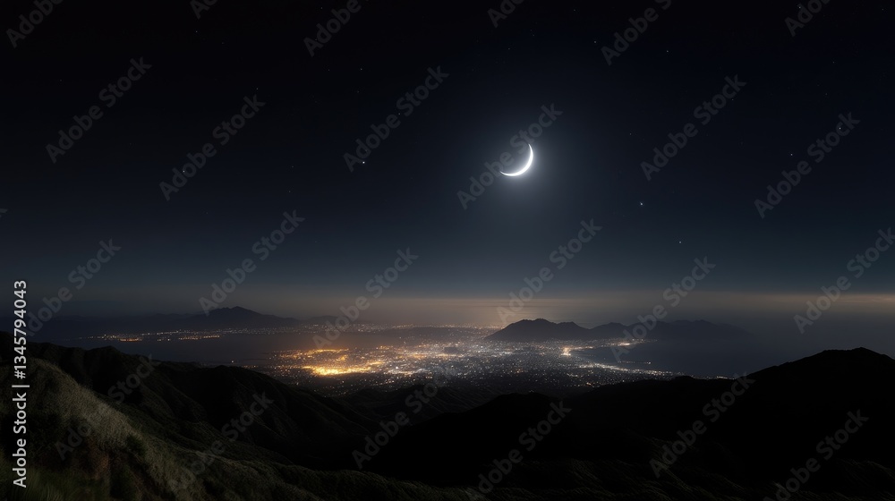Crescent moon over city lights and mountains. Nighttime landscape, starlit sky Crescent moon over city lights and mountains. Nighttime landscape, starlit sky