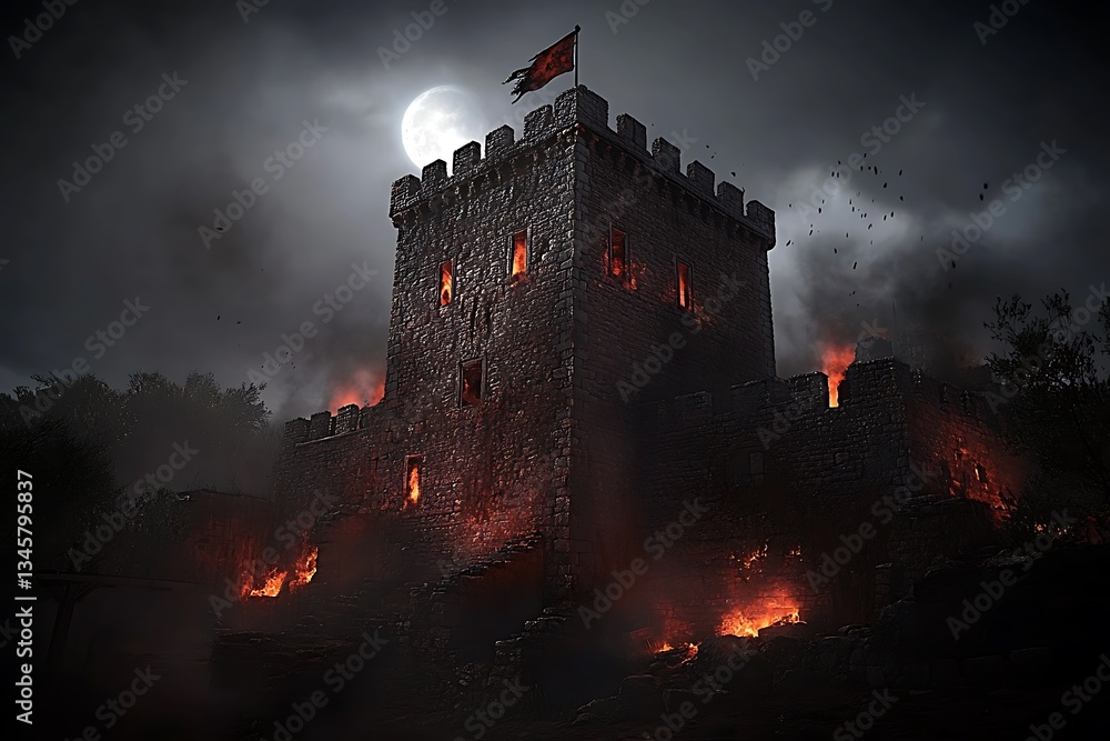 Fototapeta premium A burning castle tower under a bright full moon in the night