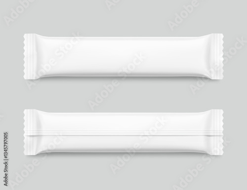 Realistic flow packaging mockup for bars, candies, waffles. Front and back views. Vector illustration on grey background. Easy to use for presentation your product, idea, design. EPS10.