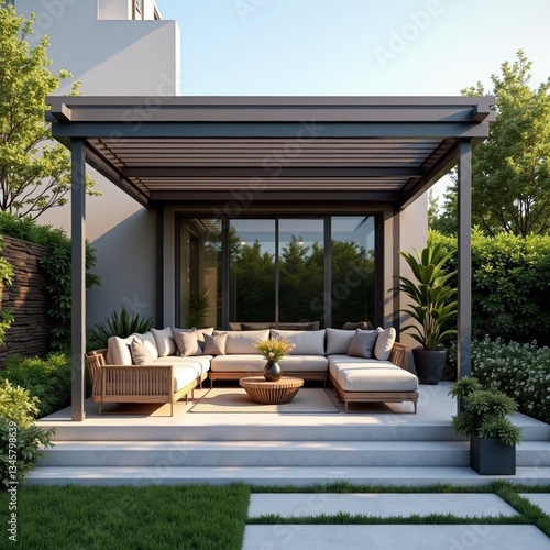 A serene outdoor space with a cozy couch, lush plants, and a pergola, inviting relaxation