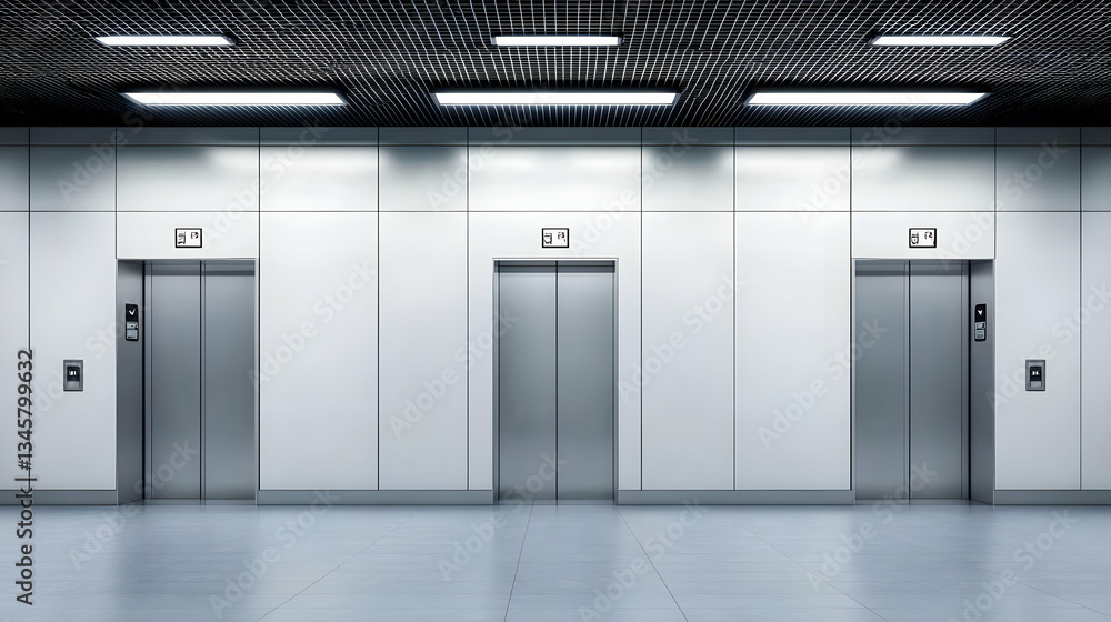 Modern Hallway Interior With Three Closed Elevators Metal Doors and Bright Lighting Modern Hallway Interior With Three Closed Elevators Metal Doors and Bright Lighting