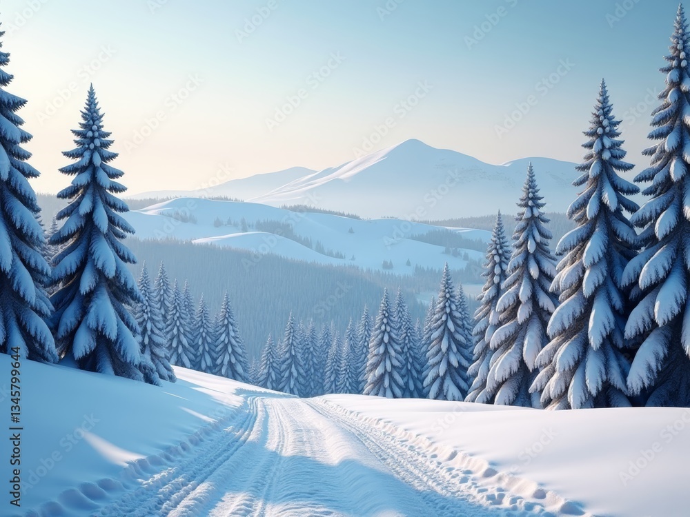 Fototapeta premium Serene winter landscape with snow-covered trees and a gentle hill