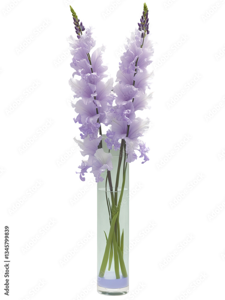 Fototapeta premium Twilight Elegance (Lavender Gladiolus Wisteria) slender, fluted glass vase with light purple-tinted water, holding a graceful bouquet