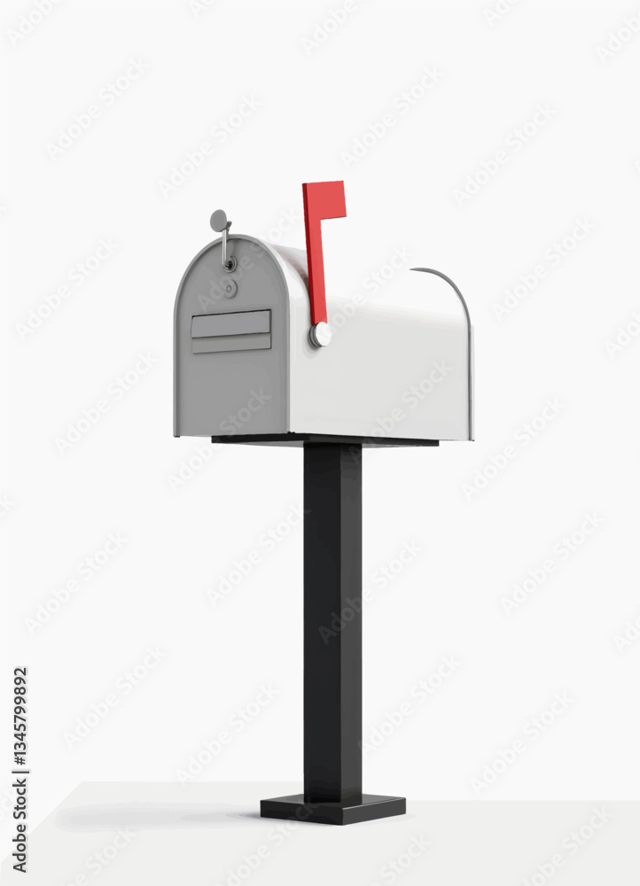 Open silver mailbox with a raised red flag Open silver mailbox with a raised red flag