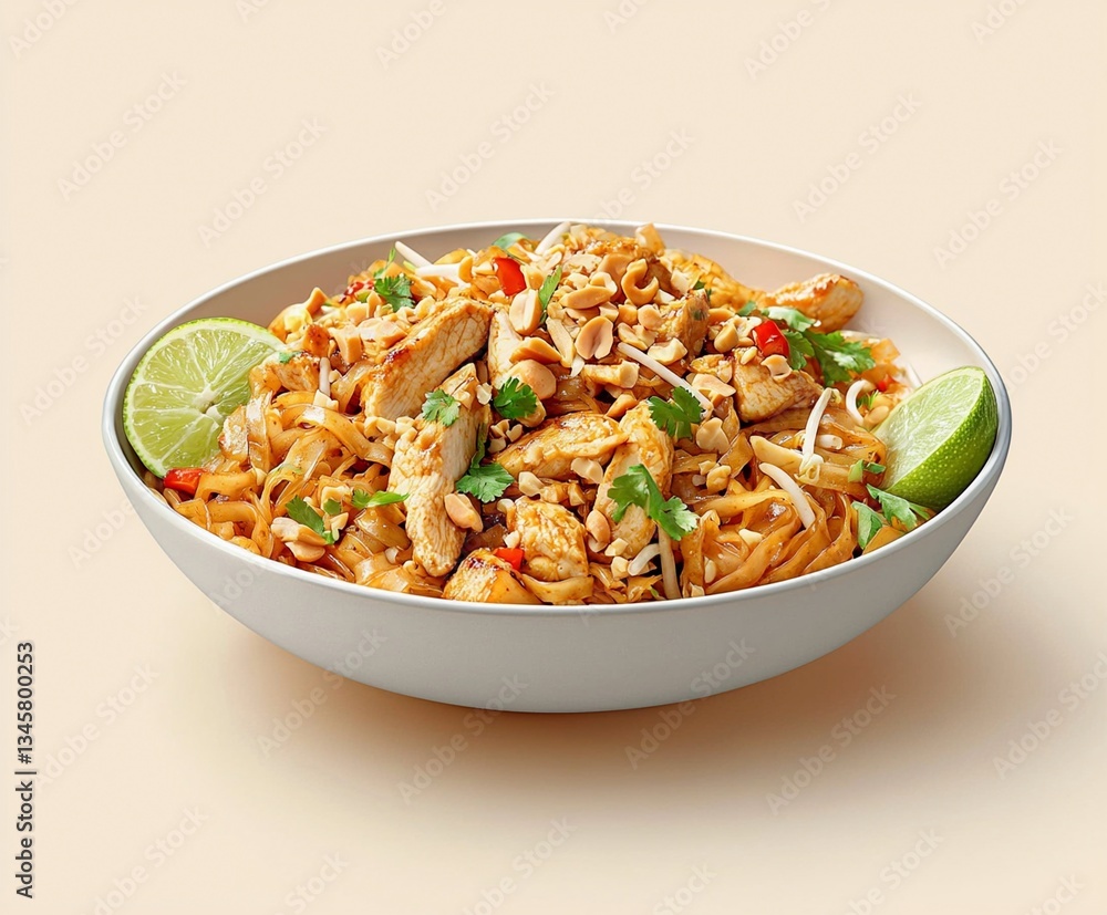 Bowl of chicken pad thai with stir-fried rice and vegetables on a wooden table Bowl of chicken pad thai with stir-fried rice and vegetables on a wooden table