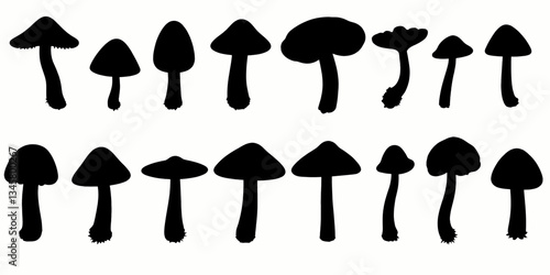 Mushroom Silhouettes, Assorted Fungi Shapes on White