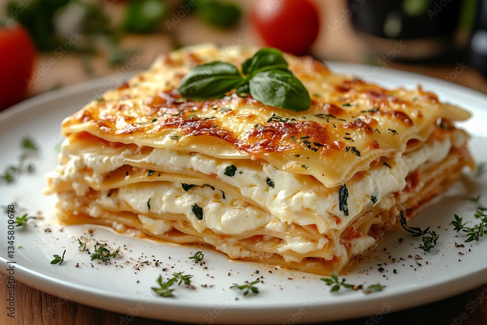 A delicious lasagna with spinach, cheese, and a spinach and bacon quiche, served on a plate with a mix of Italian ingredients like tomato, egg, and pasta A delicious lasagna with spinach, cheese, and a spinach and bacon quiche, served on a plate with a mix of Italian ingredients like tomato, egg, and pasta