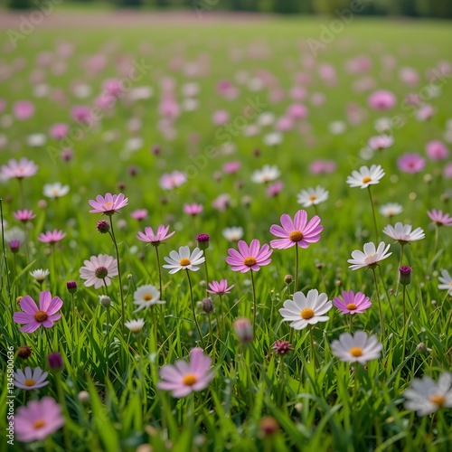 Cosmos blooming on a wide lawn