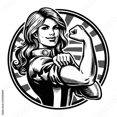 women flexing muscle engrave illustration