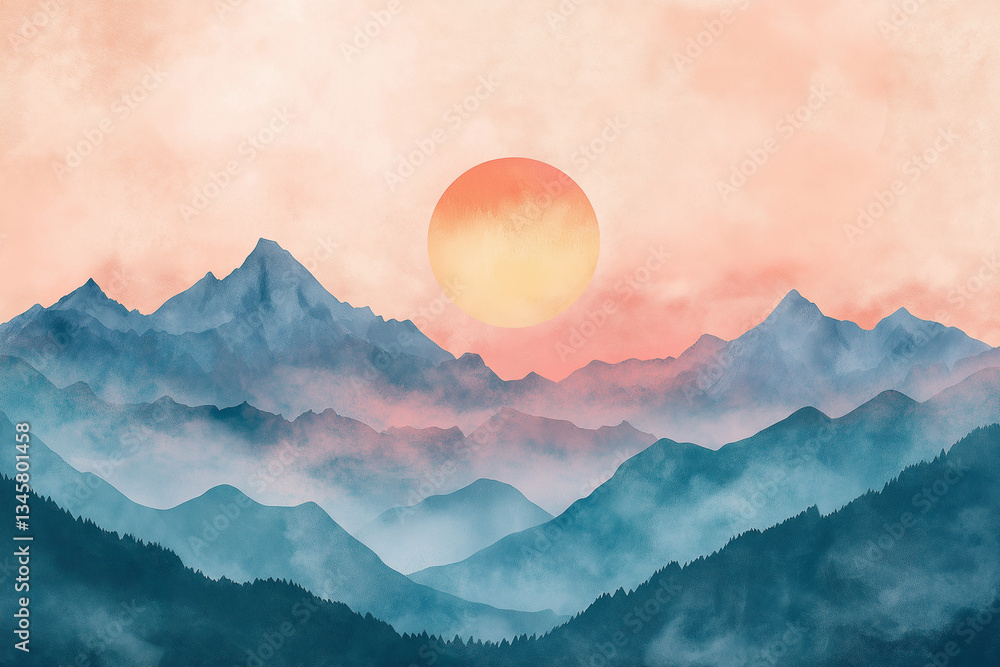 Fototapeta premium Sunrise over a magnificent mountain range with bright skies, nature landscape photos, and watercolor