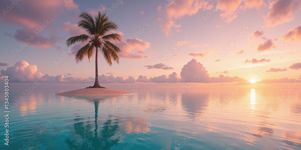 Fototapeta premium Tropical island with a single palm tree at sunset for paradise and relaxation visuals. A small tropical island features a single palm tree