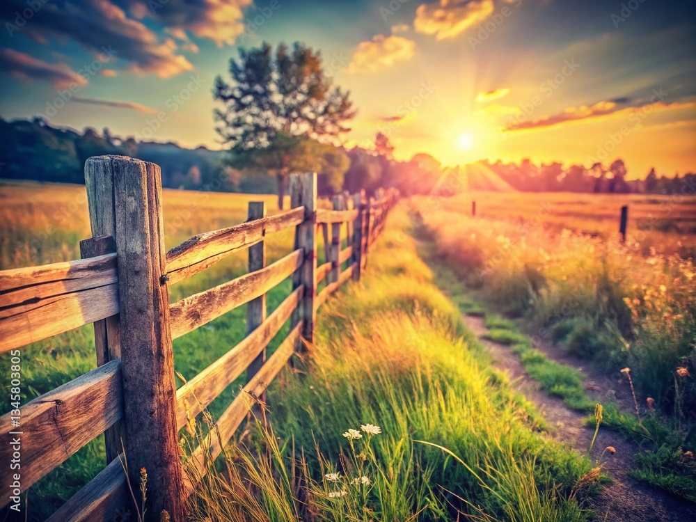 Obraz premium Vintage Postcard Background: Rustic Wooden Fence & Sunlit Field