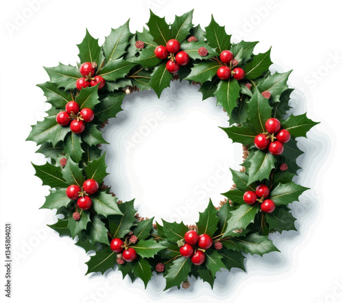 Holly Berry Wreath with Green Leaves on White Background