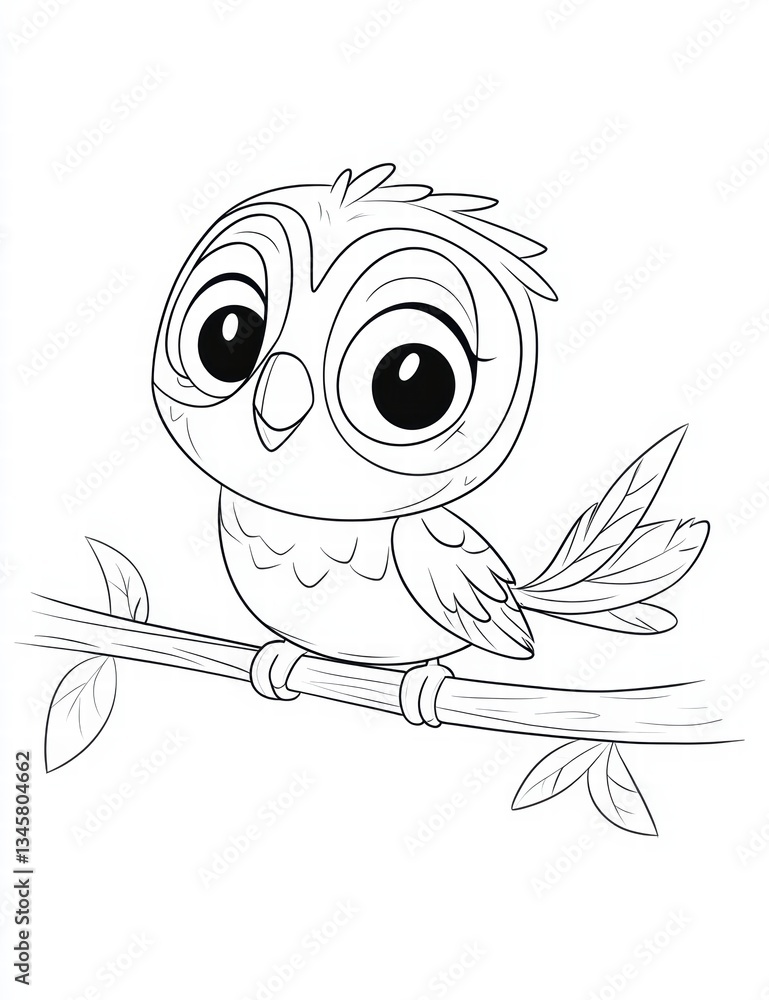 Fototapeta premium Whimsical Owl Perched on Branch: A charming line drawing of a wide-eyed owl perched contentedly on a delicate tree branch, inviting creativity and imagination.