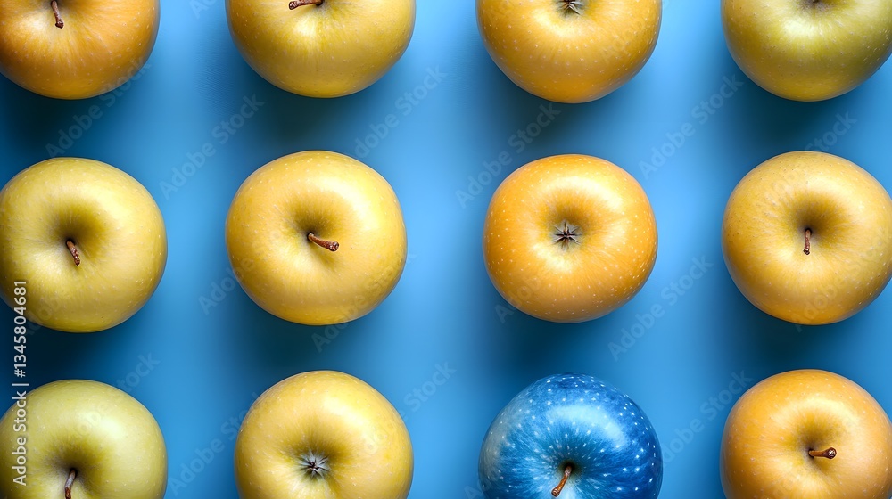 Vivid Harmony: The Yellow Apple as the Centerpiece Surrounded by Blue Apples on a Soft Pastel Background Vivid Harmony: The Yellow Apple as the Centerpiece Surrounded by Blue Apples on a Soft Pastel Background