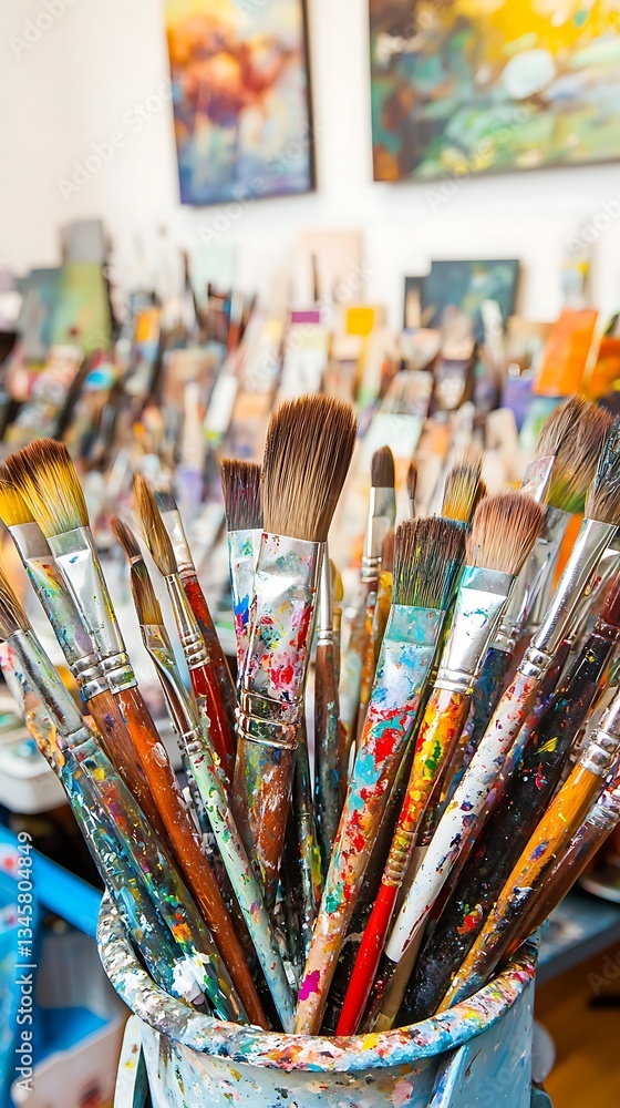 Obraz premium Paintbrushes in bucket studio, art tools, creative, colorful art supplies, artistic background