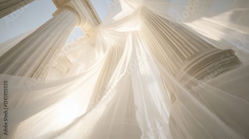 Ancient columns draped with sheer fabric under bright sunlight. Possible use Stock photo for architectural design or interior design projects