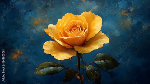 Exquisite Yellow Rose Highlighted on Deep Azure Background, Emphasizing Its Vibrant Color and Delicate Features