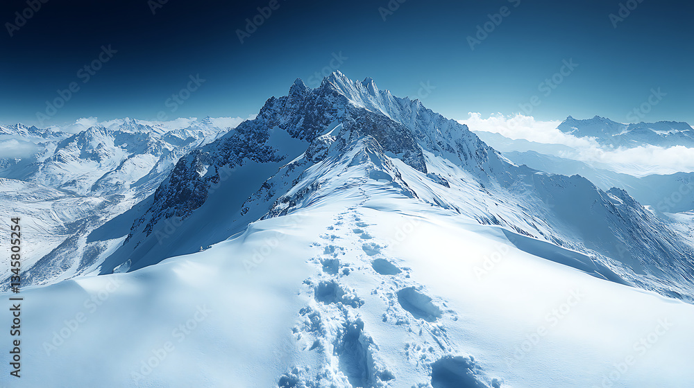 Obraz premium Footprints leading to snowy mountain peak under blue sky