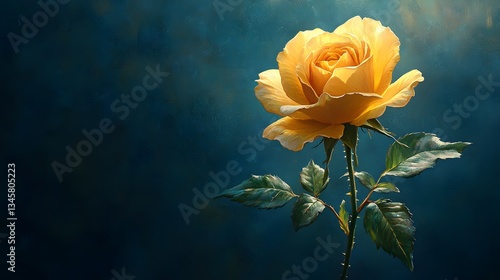 Exquisite Yellow Rose Highlighted on Deep Azure Background, Emphasizing Its Vibrant Color and Delicate Features
