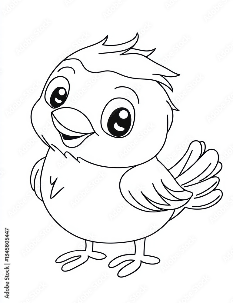 Fototapeta premium Cheerful Chick Illustration: A charming illustration of a happy chick with expressive eyes, friendly smile, and fluffy feathers, radiating joy and innocence.