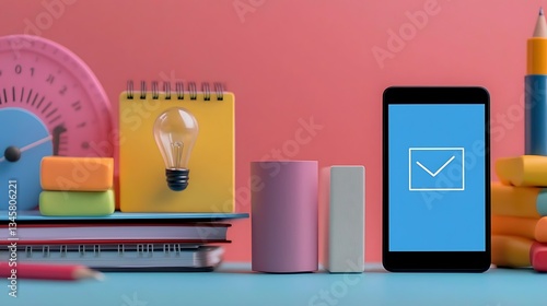 A vibrant workspace featuring a smartphone, notepad, light bulb, and colorful stationery against a pastel background, promoting organization and creativity.