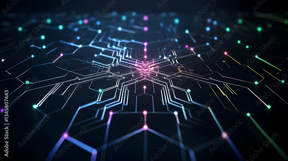 Fototapeta premium Abstract Circuit Board Digital Network With Blue Purple And Yellow Lights On Dark Background