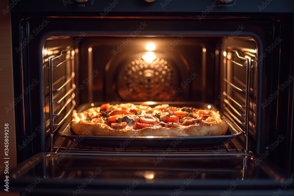 A pizza is baked in an oven with the light on, suitable for use in food and cooking scenes A pizza is baked in an oven with the light on, suitable for use in food and cooking scenes