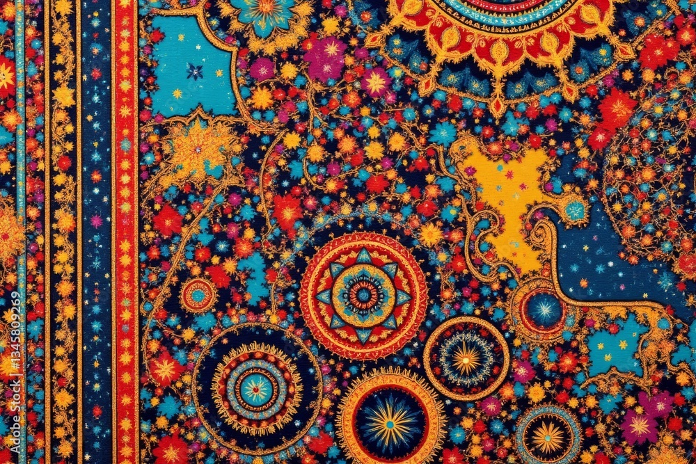 Fototapeta premium Colorful abstract design features floral patterns and geometric shapes in detail