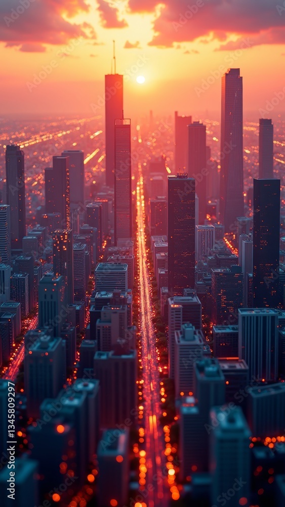 Fototapeta premium A cityscape at sunset, with skyscrapers and a vibrant orange sky