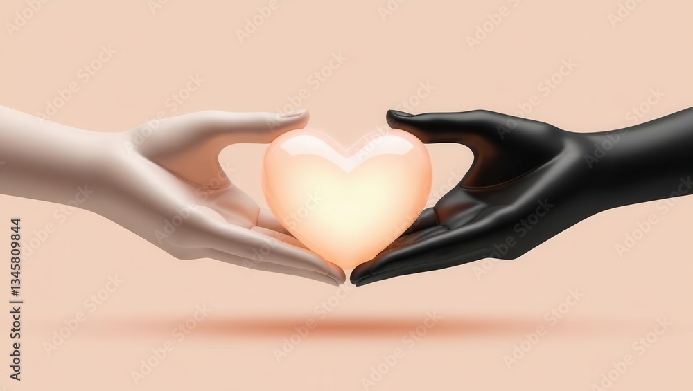 Fototapeta premium ESG 3D concept. Hands of different skin tones holding a glowing heart symbol.