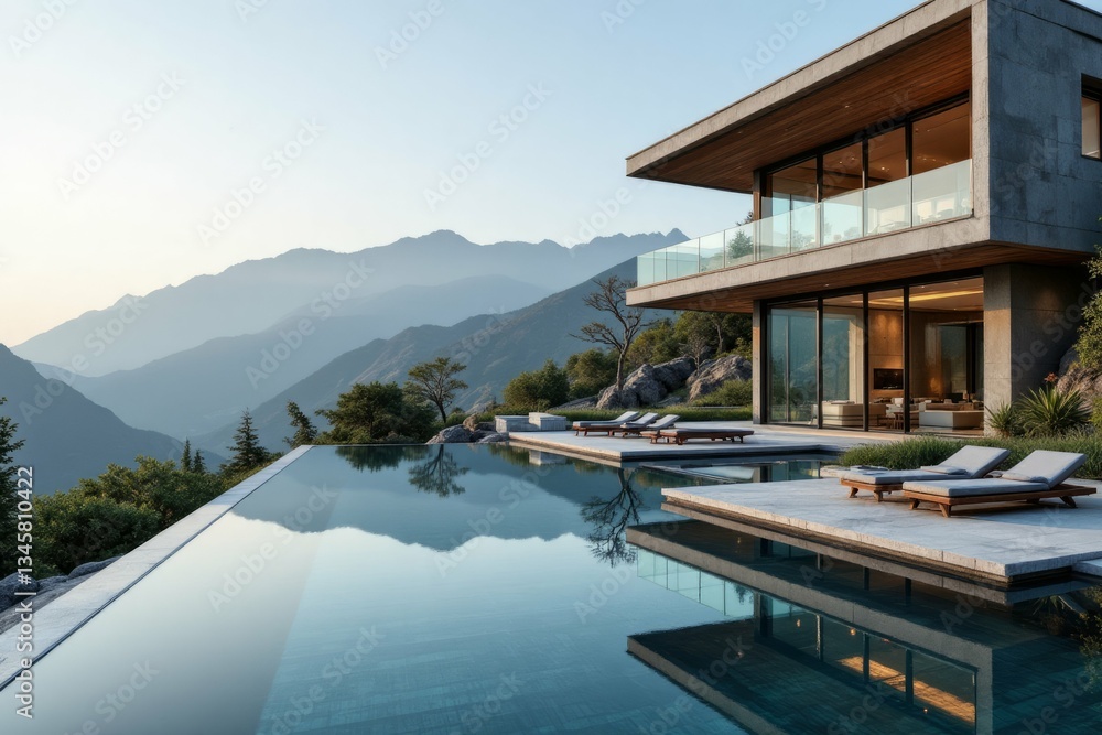 Fototapeta premium Modern architecture overlooking a serene mountain landscape with a pool