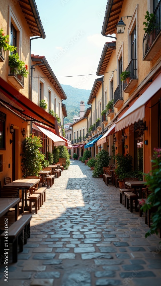 Fototapeta premium A charming European alleyway with cobblestone pavement, lined with quaint cafes and shops