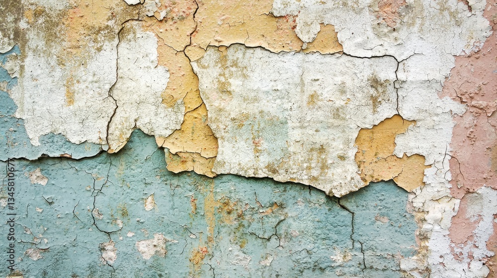 Obraz premium The cracked and weathered surface of a painted wall is shown