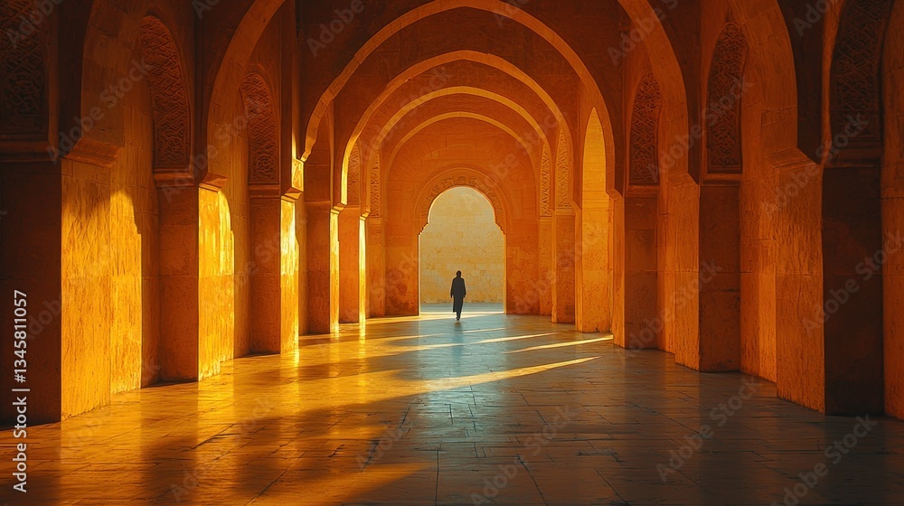 Obraz premium Woman walking sunlit Moroccan arcade corridor