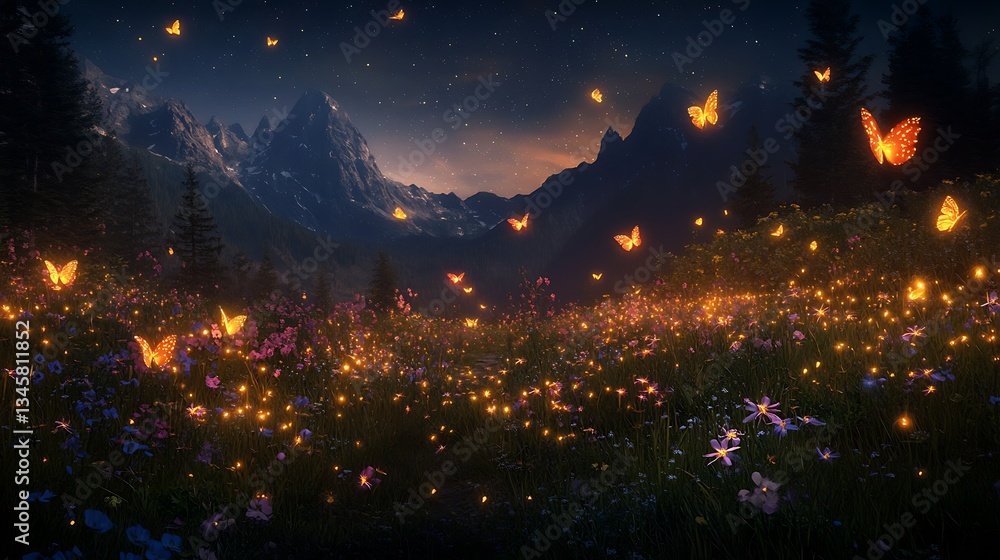 Fototapeta premium Magical night scene with glowing flowers, butterflies, mountains.