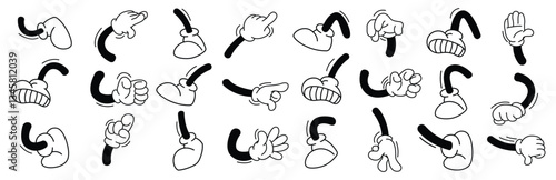 Set of retro cartoon human hands sign and cartoon leg vector illustration