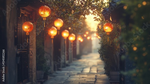 A serene pathway illuminated by glowing lanterns, surrounded by greenery, creating a warm and inviting atmosphere at dusk.