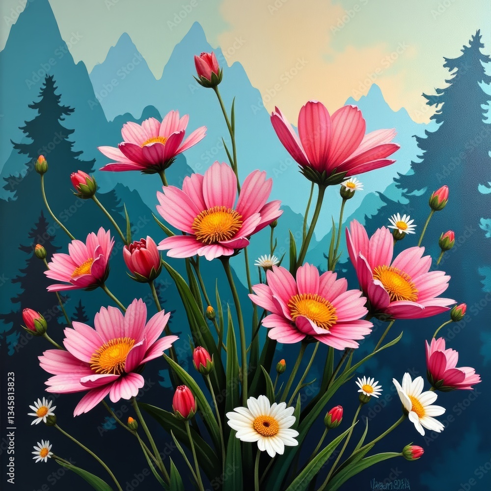 Vibrant pink flowers in a serene mountain landscape Vibrant pink flowers in a serene mountain landscape