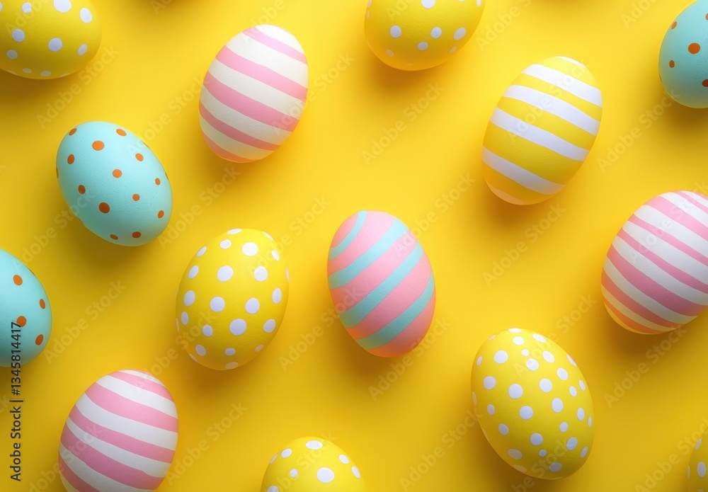 Fototapeta premium Colorful Easter Eggs on Bright Yellow Background, Vibrant Spring Decor, Festive Symbols of Renewal and Celebration for Holidays and Family Gatherings