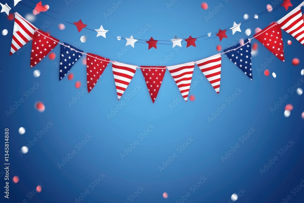 Obraz premium A colorful patriotic bunting with stars and confetti on a bright blue background, suitable for celebrating national holidays or special events