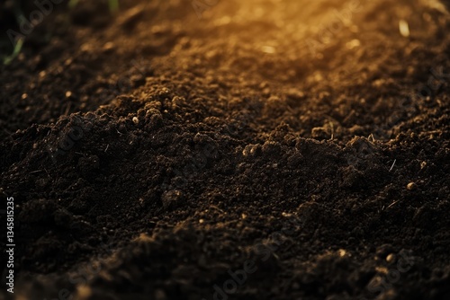 Soft topsoil glistens in the warm glow of morning sunlight in a serene garden