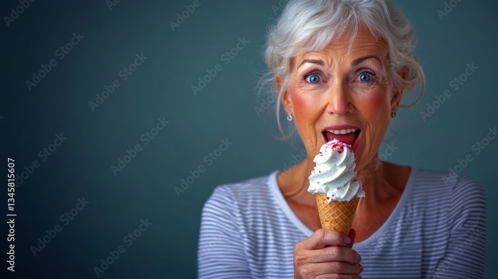 Woman is holding an ice cream cone and smiling. Concept of happiness and enjoyment Woman is holding an ice cream cone and smiling. Concept of happiness and enjoyment